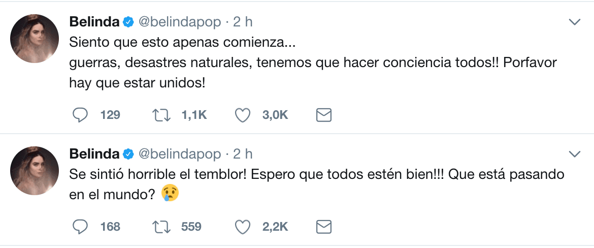 La cantante Belinda dijo que el temblor de este martes en México se sintió horrible.
