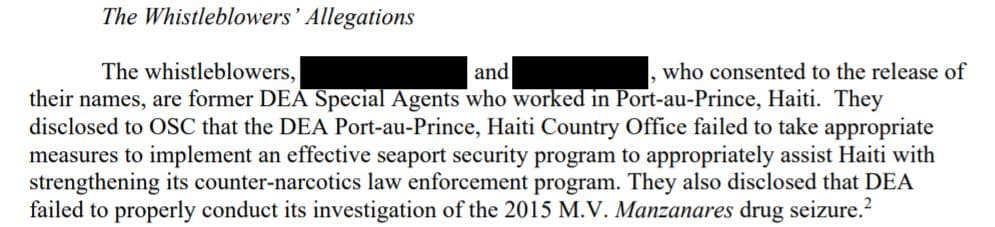 En una carta a la Casa Blanca, la Oficina del Asesor Especial dijo que "la DEA no condujo adecuadamente su investigación de la incautación de drogas del MV Manzanares en 2015."