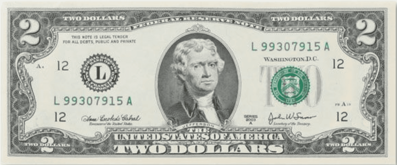 En el frente se le ve a uno de los primeros presidentes de Estados Unidos, Thomas Jefferson.