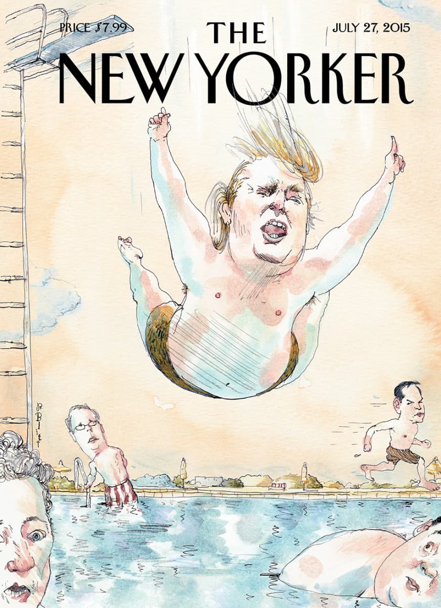 <b>27 DE JULIO DE 2015</b>. 
<b><a href="http://www.newyorker.com/culture/culture-desk/cover-story-2015-07-27" target="_blank">"Belly Flop" (Panzada).</a> </b>Cuando en junio de 2015 Trump irrumpió escandalosamente en la política estadounidense 
<b><a href="http://www.univision.com/noticias/trump-califica-a-inmigrantes-mexicanos-de-violadores-y-criminales-en-su-discurso" target="_blank">con sus comentarios peyorativos sobre los mexicanos</a></b>, esta fue la mirada de Blitt. 
<b>"Trump ha entrado en la pelea de los candidatos presidenciales republicanos con toda la gracia de un <i>bully</i> haciendo bomba y panzada en la piscina local"</b>, dijo.