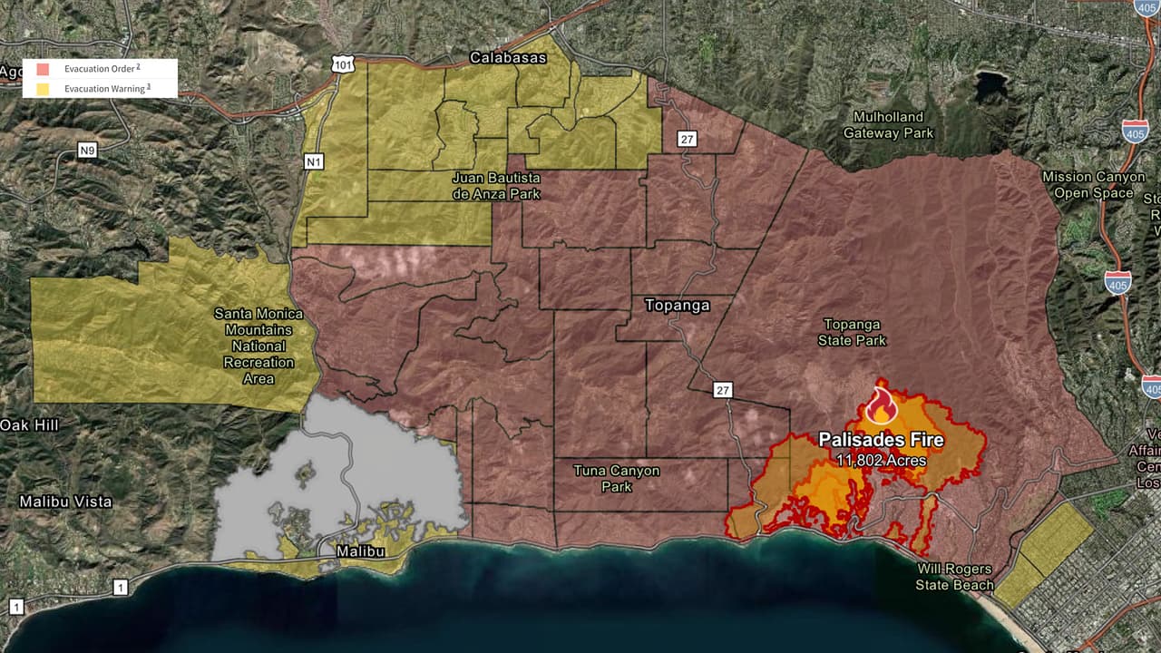 <b>Incendio Palisades</b>
<br>Inició alrededor de las 10:30 AM del martes 7 de enero al oeste del condado de Los Ángeles, al sureste de Palisades Drive, en el área de 
<a href="https://maps.app.goo.gl/fsJMPwnrxx3nqQvt7" target="_blank">Pacific Palisades</a>. Las llamas han consumido más de 15,832 acres de terreno y provocado la 
<b>evacuación de más de 30,000 personas</b>, además de que más de 10,000 hogares están bajo amenaza directa. Tiene un 0% de contención.
<br>
<br>
<b>Centros de evacuación:</b>
<br>- Westwood Recreation Center
<br> 1350 South Sepulveda Blvd., Los Angeles.
<br>- El Camino Real Charter High School
<br> 5440 Valley Circle Blvd., Woodland Hills.
<br>- Pasadena Convention Center
<br> 300 E Green St., Pasadena.