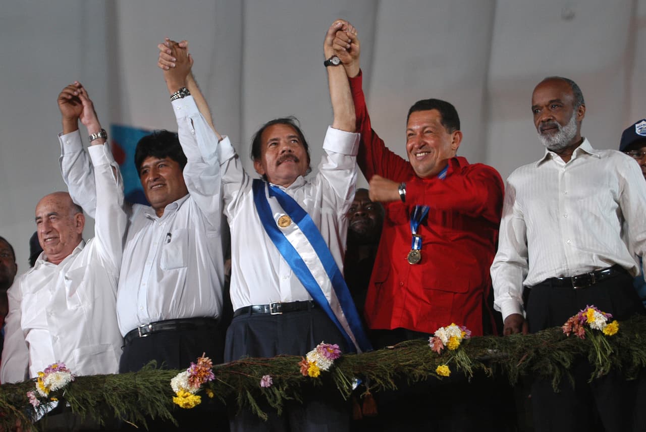 Daniel Ortega at his inauguration as president of Nicaragua on January 1, 2007. Next to him Hugo Chávez, president of Venezuela and Evo Morales, president of Bolivia.