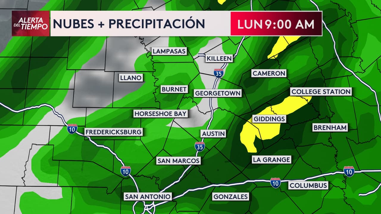 <b>A las 9 de la mañana, se esperan lluvias de ligeras a intensas en Austin y San Antonio</b>, lo que podría afectar el tráfico en las primeras horas de la semana. En áreas como Giddings, 
<b>se prevén precipitaciones más intensas</b>.
