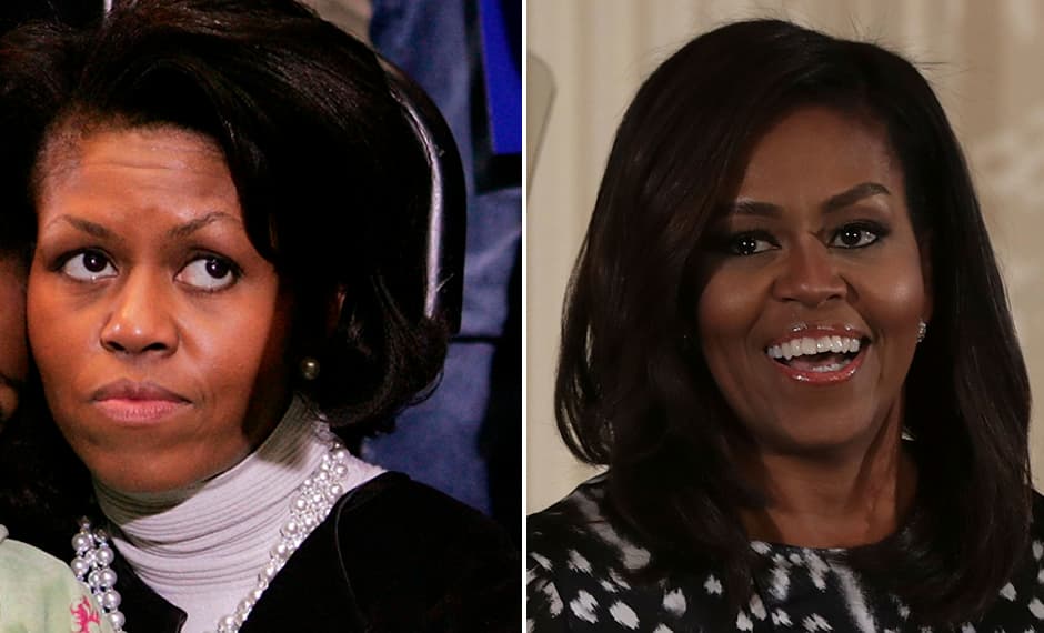 Con esta evolución a lo largo de los años es que Michelle Obama nos dio unas cuantas lecciones de makeup. Atrás quedaron los días en los que se le veía sin gota de maquillaje: 
<b>las pestañas postizas se convirtieron en el complemento perfecto de su mirada, las cejas delgadas desaparecieron dejando espacio a unas mucho más gruesas. y los labios con acabado brillante (no metálico) le añaden un <i>boost</i> a su rostro. </b>