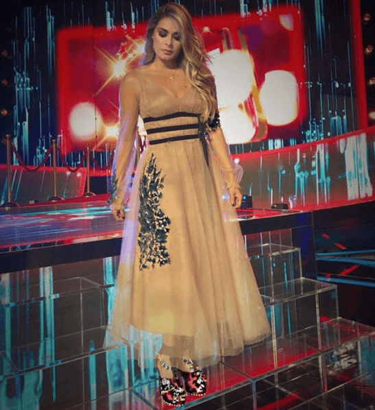 El vestido, de mangas largas, era de tul con detalles verdes incrustados en el falda y en las mangas.