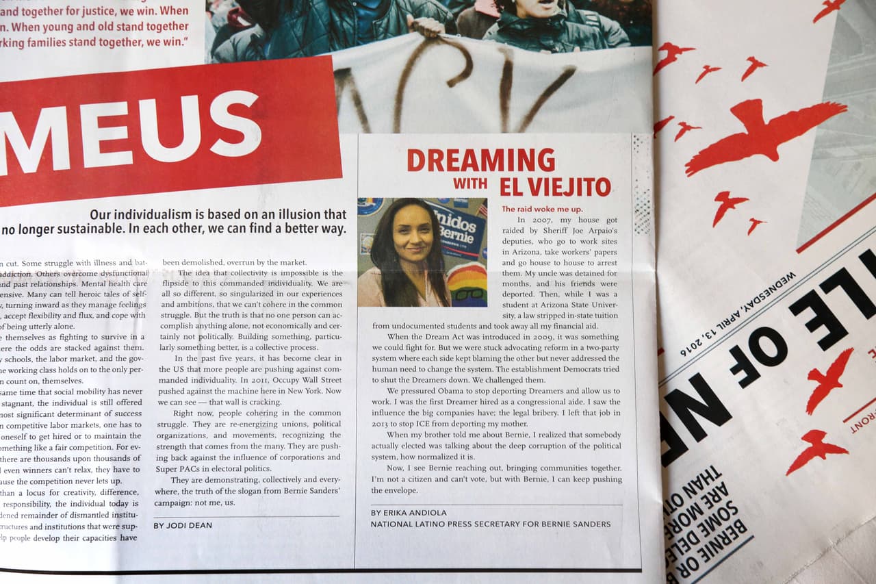 Entrevista a Erika Andiola, secretaria de prensa nacional latina para la campaña de Sanders, en la publicación de Occupy Wall Street, La Batalla de Nueva York, abril 16, 2016.
