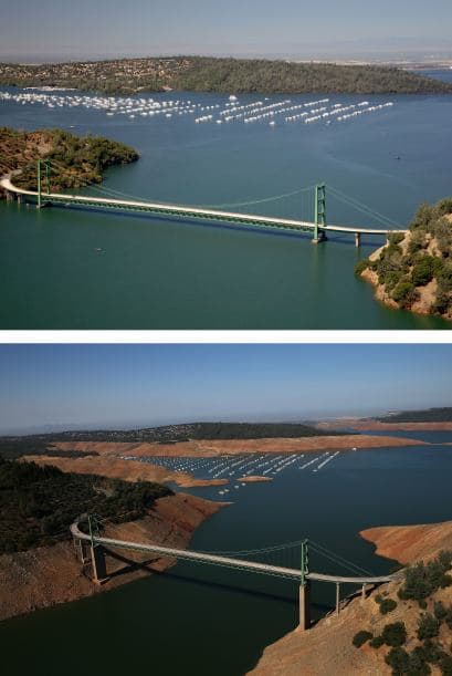 En estas imágenes se puede tomar como referencia el puente para ver el descenso en los niveles del agua.