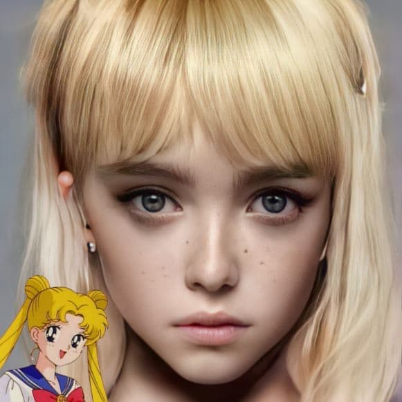 <b>Sailor Moon </b>
<br>Mientras que el personaje creado por Naoko Takeuchi mantiene su angelical aspecto gracias a que aprovecha al máximo la inteligencia artificial de las aplicaciones Remini y Gradient.