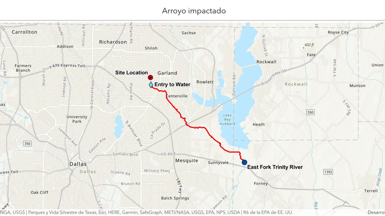 Este arroyo rumbo a East Fork Trinity River es el afectado, si vives cerca de esa zona se pide estar alerta y evitar tener contacto con el agua del pluvial.