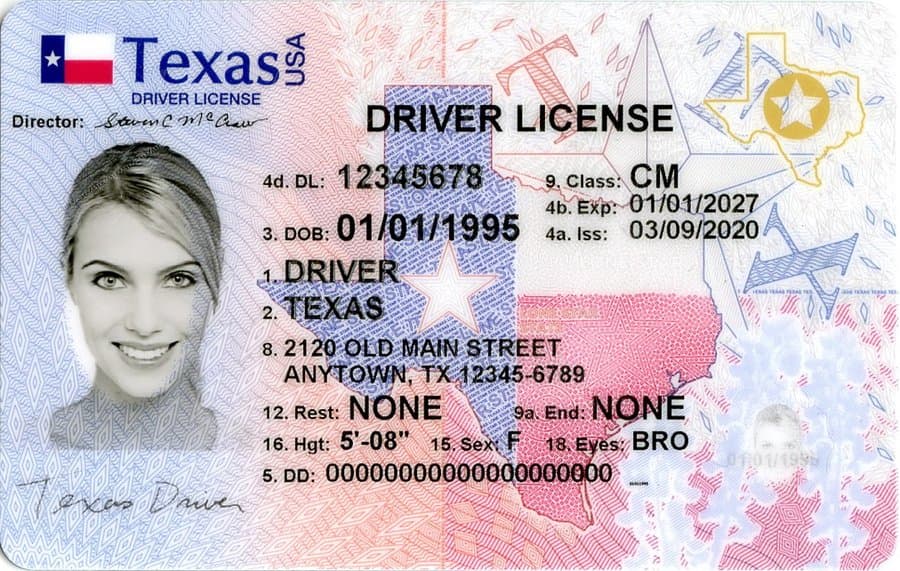 Muestra de una licencia de manejo emitida por el gobierno de Texas.