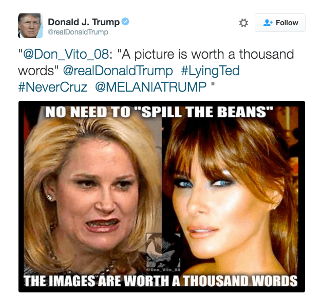 <b>La guerra de las esposas - </b>Las esposas de Ted Cruz y Donald Trump adquirieron un inesperado protagonismo en medio de la campaña. Trump amenazó a Cruz con "hablar de su esposa" luego de que un Comité de Acción Política (PAC en inglés) que apoyaba al senador usara una foto de Melania Trump desnuda en una publicidad. En respuesta, 
<b><a href="http://www.univision.com/noticias/destino-2016/ted-cruz-a-donald-trump-los-verdaderos-hombres-no-atacan-a-mujeres" target="_blank">Trump retuiteó una imagen que las puso frente a frente para comparar su belleza</a></b>. "Una imagen vale más que mil palabras. No hay necesidad de soltar la lengua", se leía en la foto.