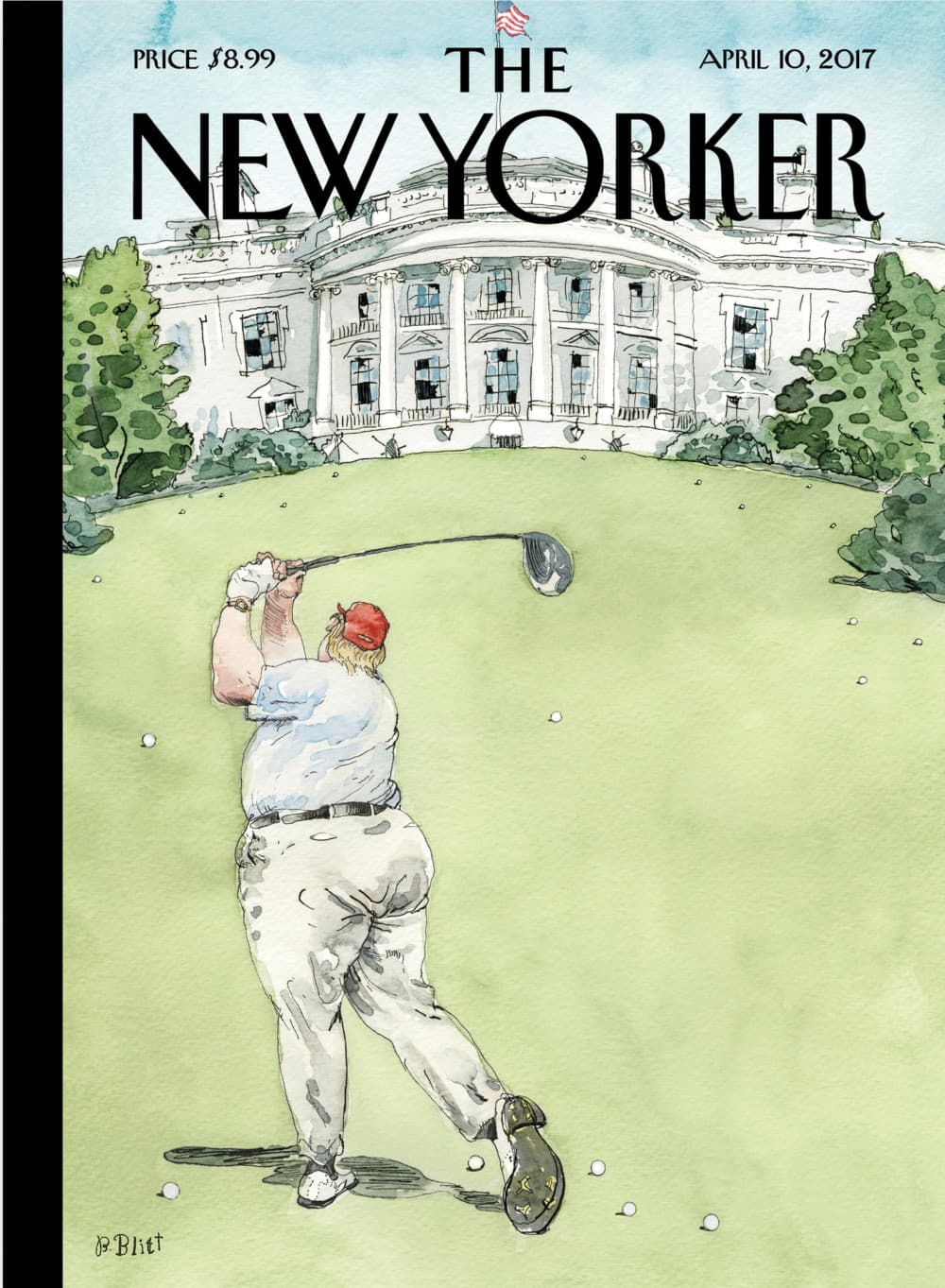 <b>10 DE ABRIL DE 2017. </b>"Veo la palabra 'duffer', que en golf significa 'persona inexperta'... es la palabra que me viene a la mente cuando veo al presidente Trump... con un impulso tras otro en las vitrinas de la política estadounidense", 
<b><a href="http://www.newyorker.com/culture/cover-story/cover-story-2017-04-10" target="_blank">dijo Blitt sobre su portada "Ventanas rotas"</a></b>, que hace referencia a los 
<b><a href="http://www.univision.com/noticias/trending/trump-ha-jugado-al-golf-13-veces-en-9-semanas-despues-de-criticar-a-obama-por-practicarlo" target="_blank">frecuentes viajes de golf de Trump</a></b> y lo muestra destrozando las ventanas de la Casa Blanca.