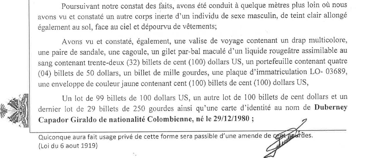 El informe de la escena del crimen sobre el cuerpo del ex soldado colombiano Dubernay Capador preparado por los investigadores judiciales de Haití el 8 de julio de 2021. En él se describen grandes cantidades de dinero en efectivo y varias armas encontradas con él.