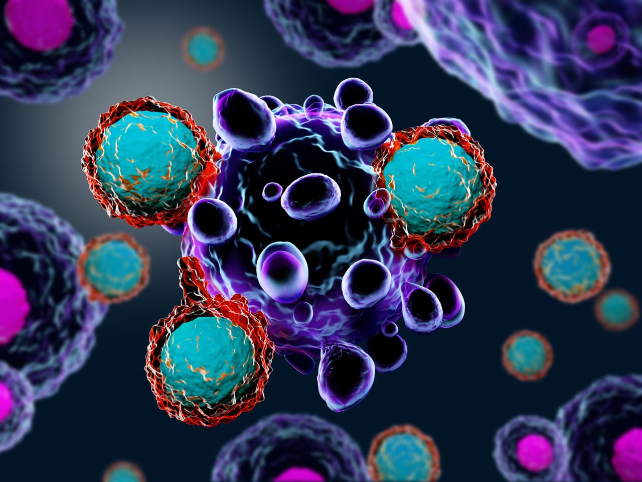 3d render of T cells attacking cancer cells