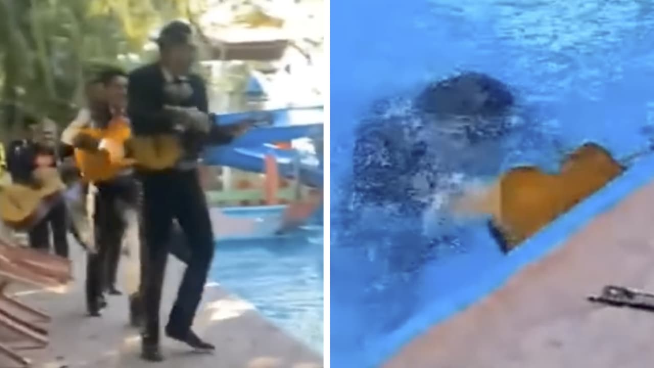 Mariachi cae a la alberca mientras da una serenata y por poco arruina el momento: video viral
