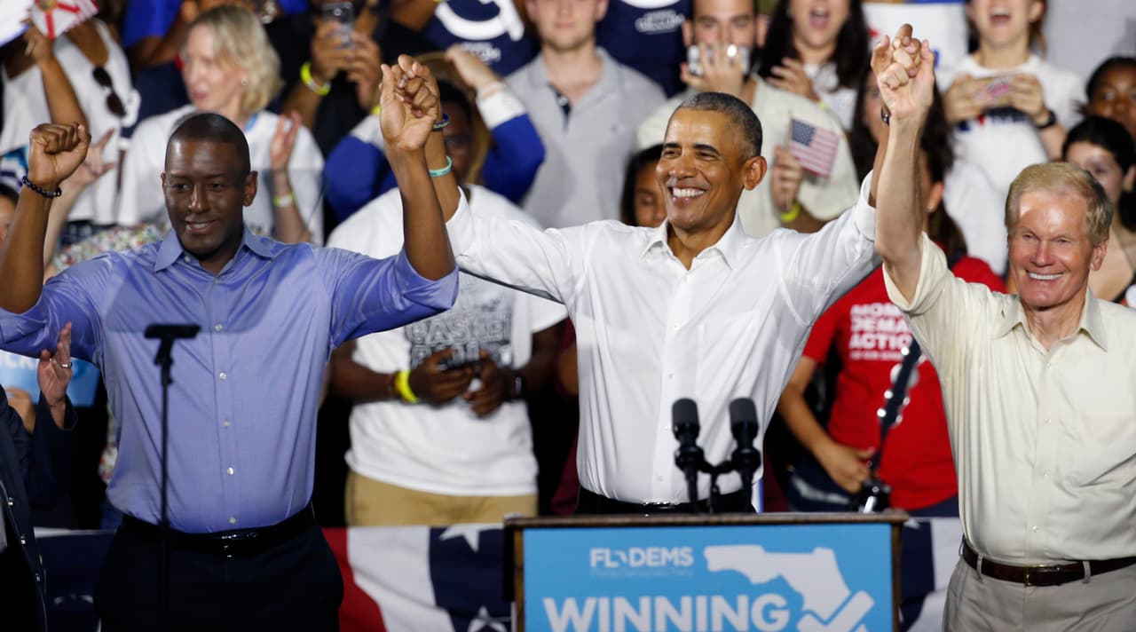 Barack Obama por el primer afroestadounidense gobernador de Florida. 
<a href="https://www.univision.com/personas/barack-obama/obama-vs-trump-los-partidos-sacan-su-artilleria-pesada-en-la-recta-final-de-la-campana-fotos-fotos">El expresidente hizo campaña por los demócratas</a> Andrew Gillum, candidato a gobernador y por Bill Nelson, quien aspira a la reelección al Senado.