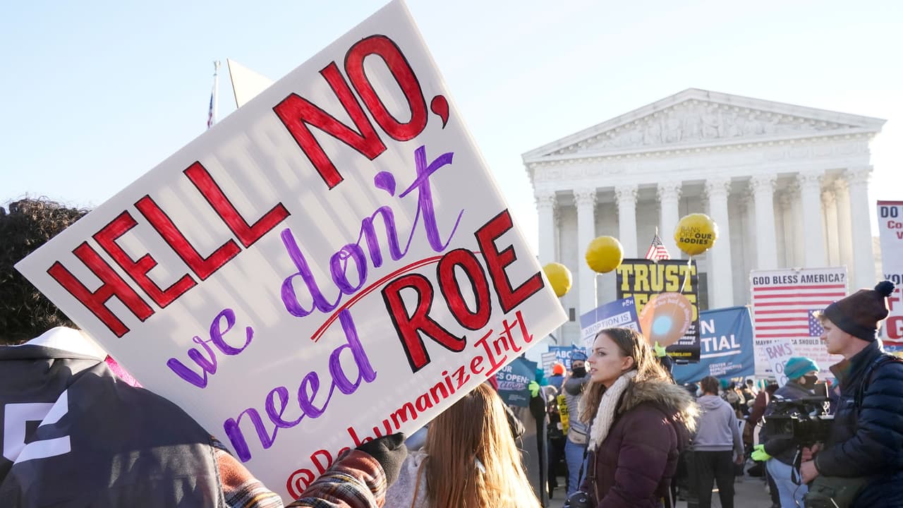 <b>“Qué demonios, no necesitamos a Roe”</b>, se lee en el cartel de una activista antiaborto, en referencia a la histórica decisión.
<br>
<br>A pesar de que consideran el tema, el tribunal aún no se ha pronunciado sobre la cuestionada ley de Texas, que frenó los abortos en el estado a partir de las seis semanas y creó la figura de vigilantes que pueden demandar civilmente a aquellos que motiven a alguien a realizarse el procedimiento. Los magistrados se han negado a suspenderla mientras el asunto se encuentre bajo revisión.
<br>