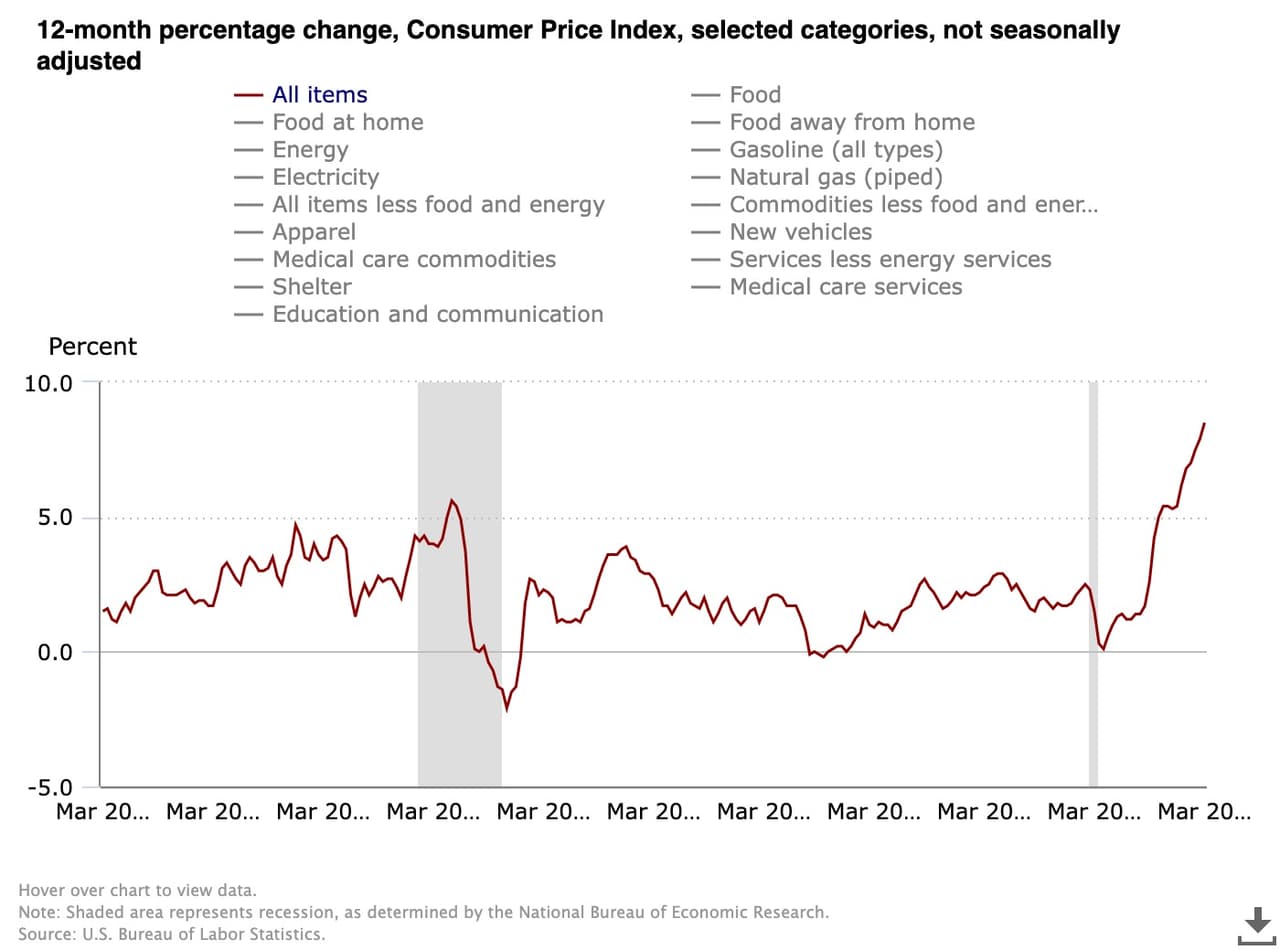 De acuerdo con la 
<a href="https://www.bls.gov/charts/consumer-price-index/consumer-price-index-by-category-line-chart.htm"><b>Oficina de Estadísticas Laborales</b></a> el costo de los bienes y servicios que compra el estadounidense promedio (conocido como índice de precios al consumidor) aumentó en un 8.5% en marzo del 2022. Es como si cada persona hubiera recibido un recorte en su sueldo del mismo porcentaje.