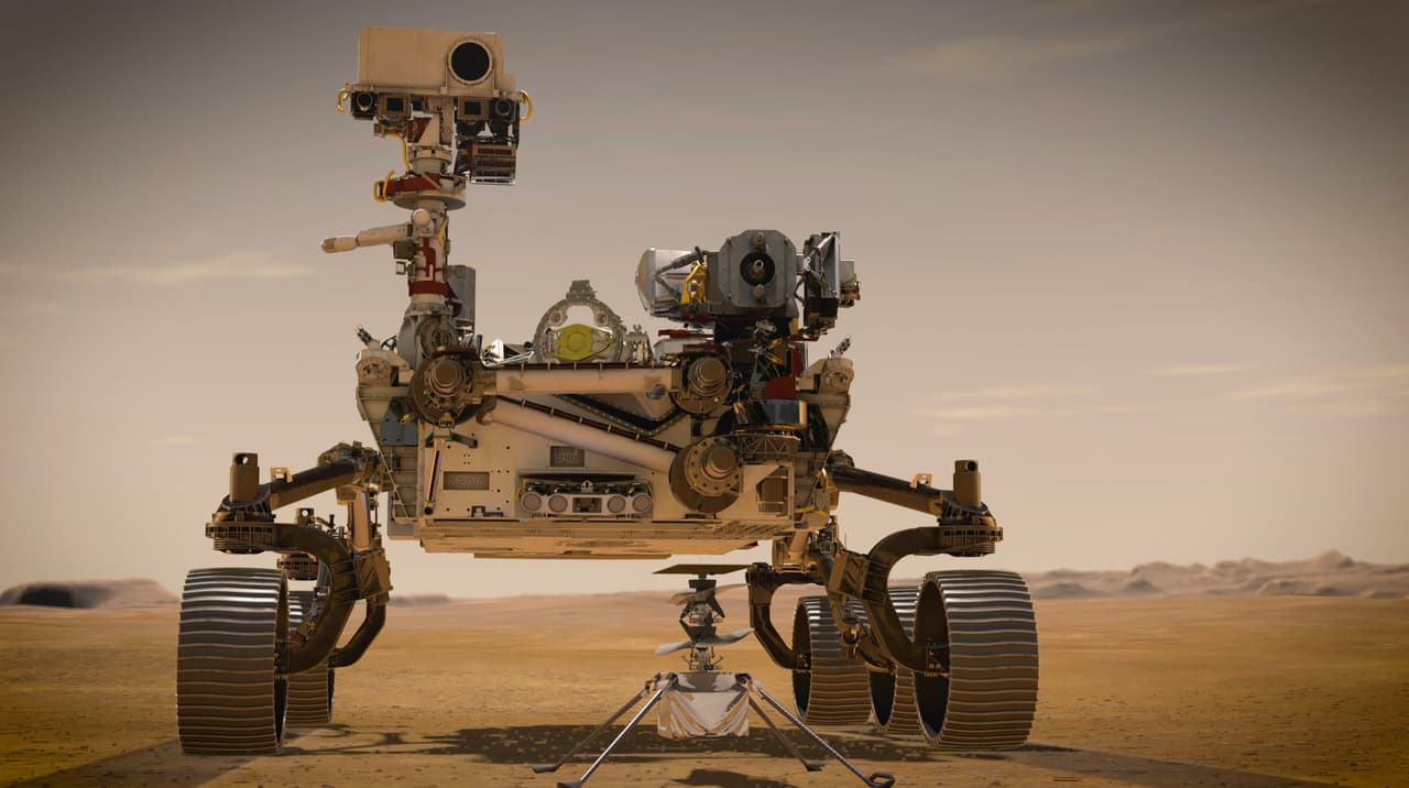 Una ilustración de la sonda publicada por la NASA, junto al minihelicóptero que lleva consigo, con la que intentarán realizar el primer vuelo de un aparato en otro planeta. Además de abordar la cuestión de la vida en Marte, la misión dará lecciones que podrían allanar el camino para la llegada de astronautas a principios de la década de 2030.