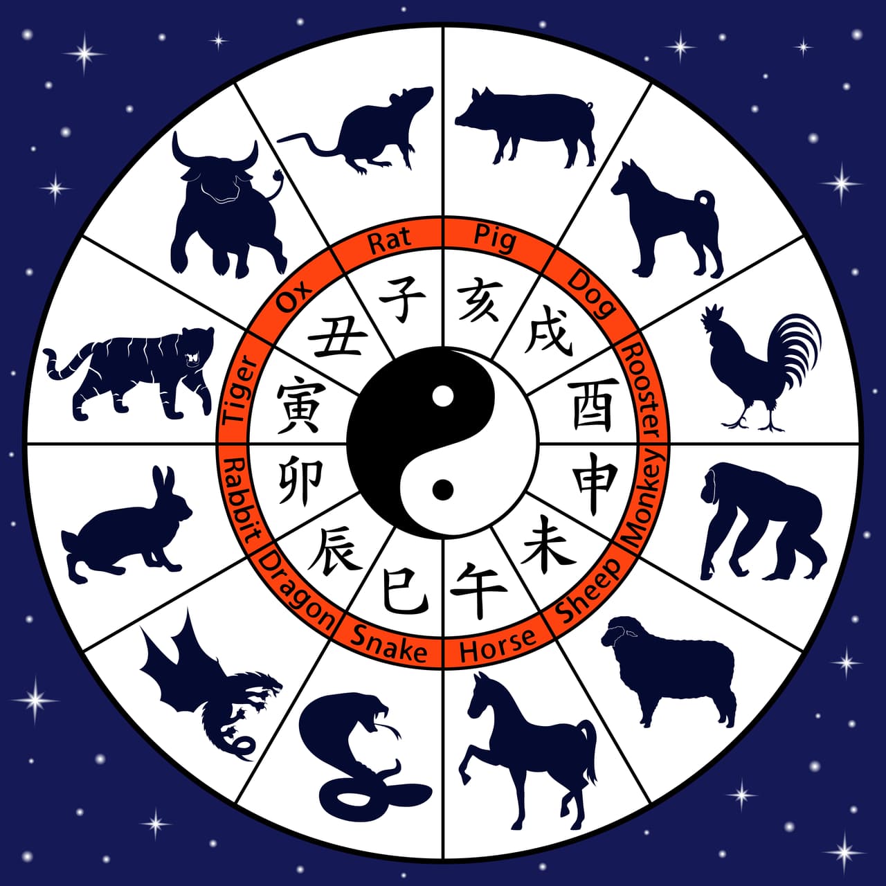 En el horóscopo chino ocurre otro tanto. Los signos chinos de la Rata, Tigre, Dragón, Caballo, Mono y Perro, se consideran yang mientras que los signos chinos del Buey, Liebre, Serpiente, Oveja, Gallo y Jabalí o cerdo se consideran yin.