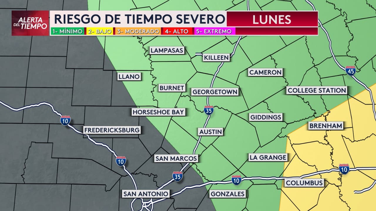 <b>El riesgo de tiempo severo se mantiene en UNO</b>, en una escala que va hasta CINCO, 
<b>para Austin y sus alrededores. San Antonio se encuentra fuera de esa zona</b>, mientras que hacia el este, en Brenham y Columbus, la escala aumenta a DOS.