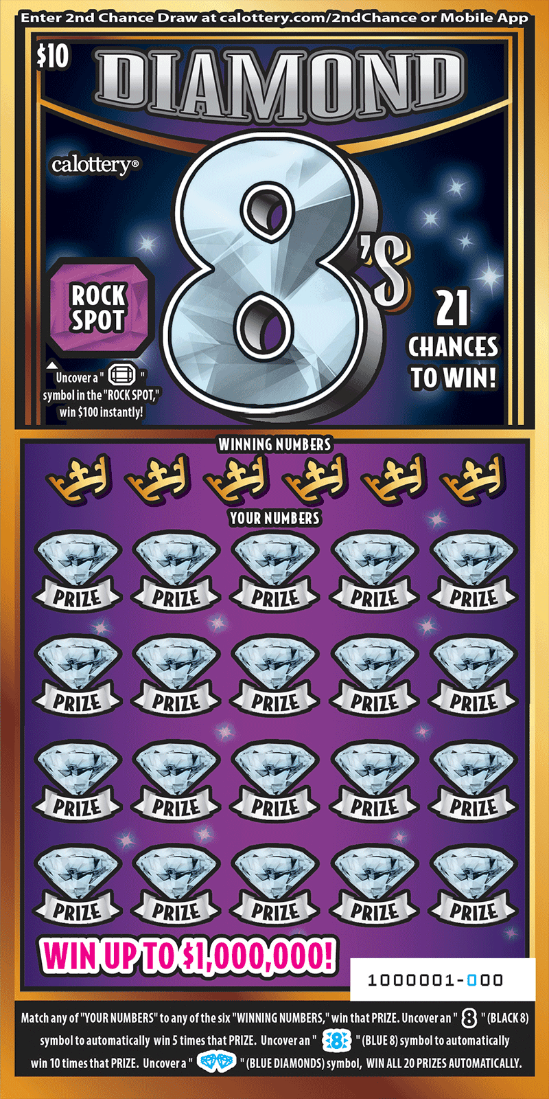 <h2 class="cms-H2-H2">Diamond 8</h2>
<br>Es un raspadito con un premio mayor de $1,000,000.
<br>La probabilidad de ganar cualquier premio es de 
<b>1 en 2.92.</b>