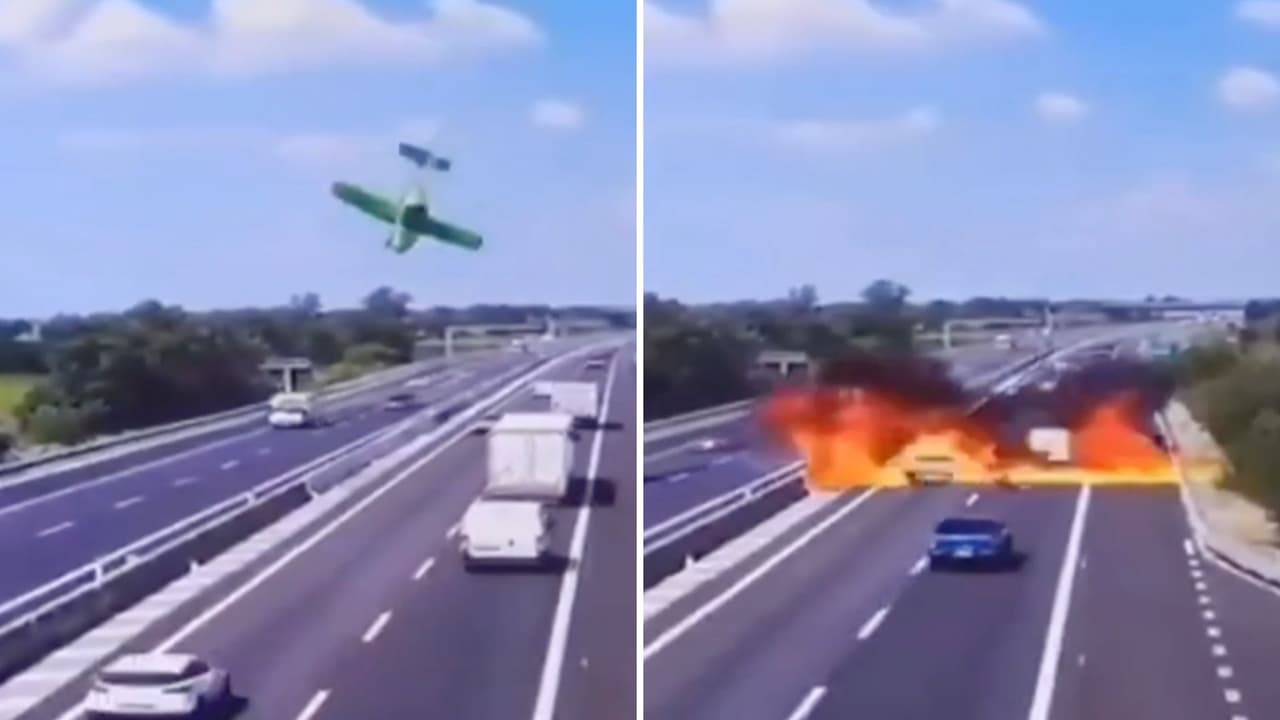 El momento en que una avioneta se estrella en una autopista y explota: dos personas murieron