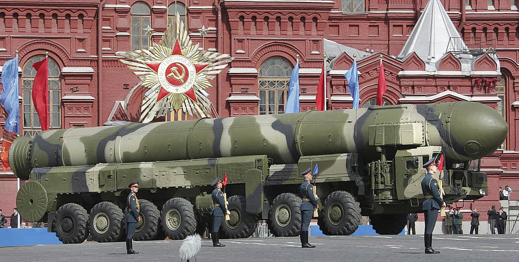 A Russian Topol-M ICBM drives across Red Square during a Victory Day Parade in Moscow on May 9, 2008.