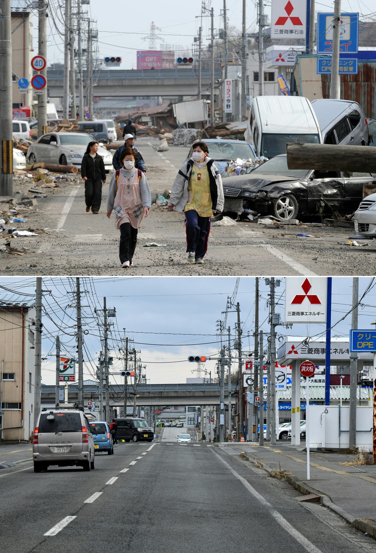 Ofunato, prefectura Iwate. 14 de marzo de 2011 y 27 de enero de 2021.