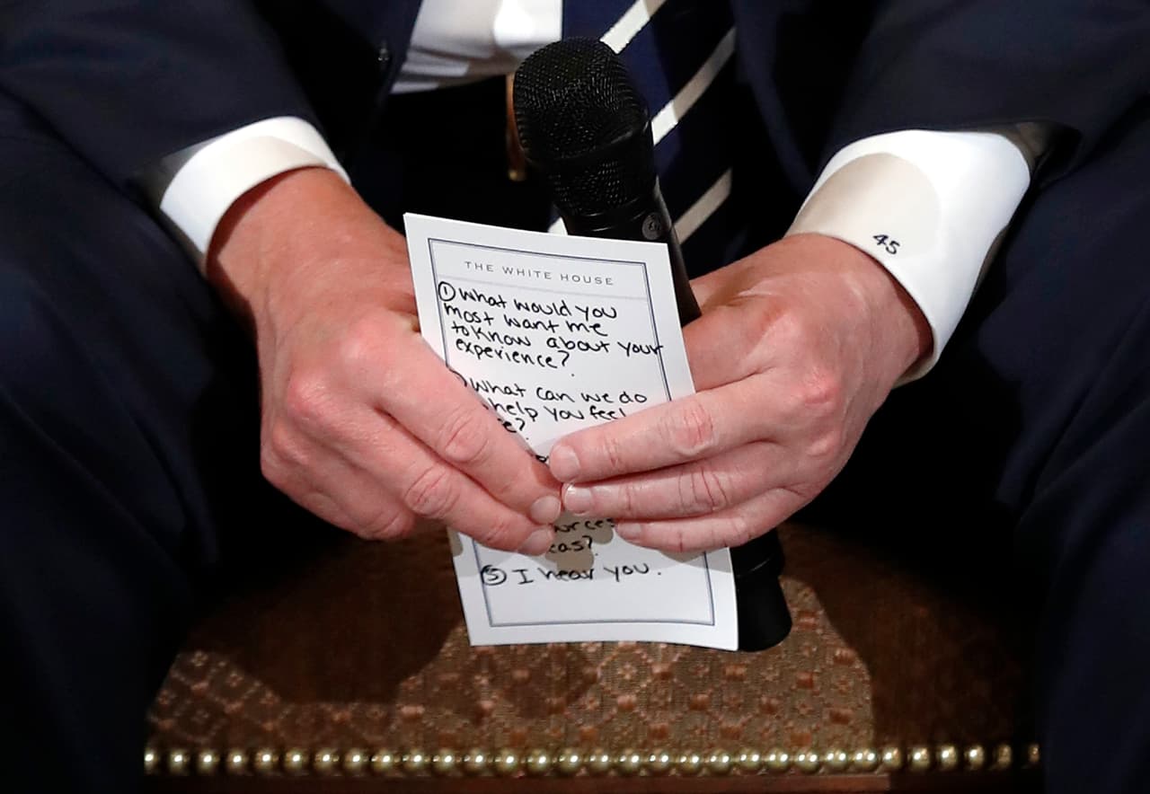 <b>Las notas</b> 
<b>para hablar con las víctimas del tiroteo de Parkland.</b> El 21 de febrero Trump necesitó apuntar lo que tenía que expresar a estudiantes, padres y maestros afectados por la masacre de 17 personas ocurrida una en la escuela secundaria de Florida unos días atrás. “1.
<a href="https://www.univision.com/noticias/politica/los-escucho-la-frase-obvia-que-tuvo-que-recordar-trump-al-reunirse-con-personas-afectadas-por-tiroteos"> ¿Qué es lo que más quieres que sepa sobre tu experiencia?”, “2. ¿Qué podemos hacer para que te sientas seguro?" y "5. Los escucho",</a> las notas que se pueden leer en el papel que tenía en sus manos el presidente durante la reunión.