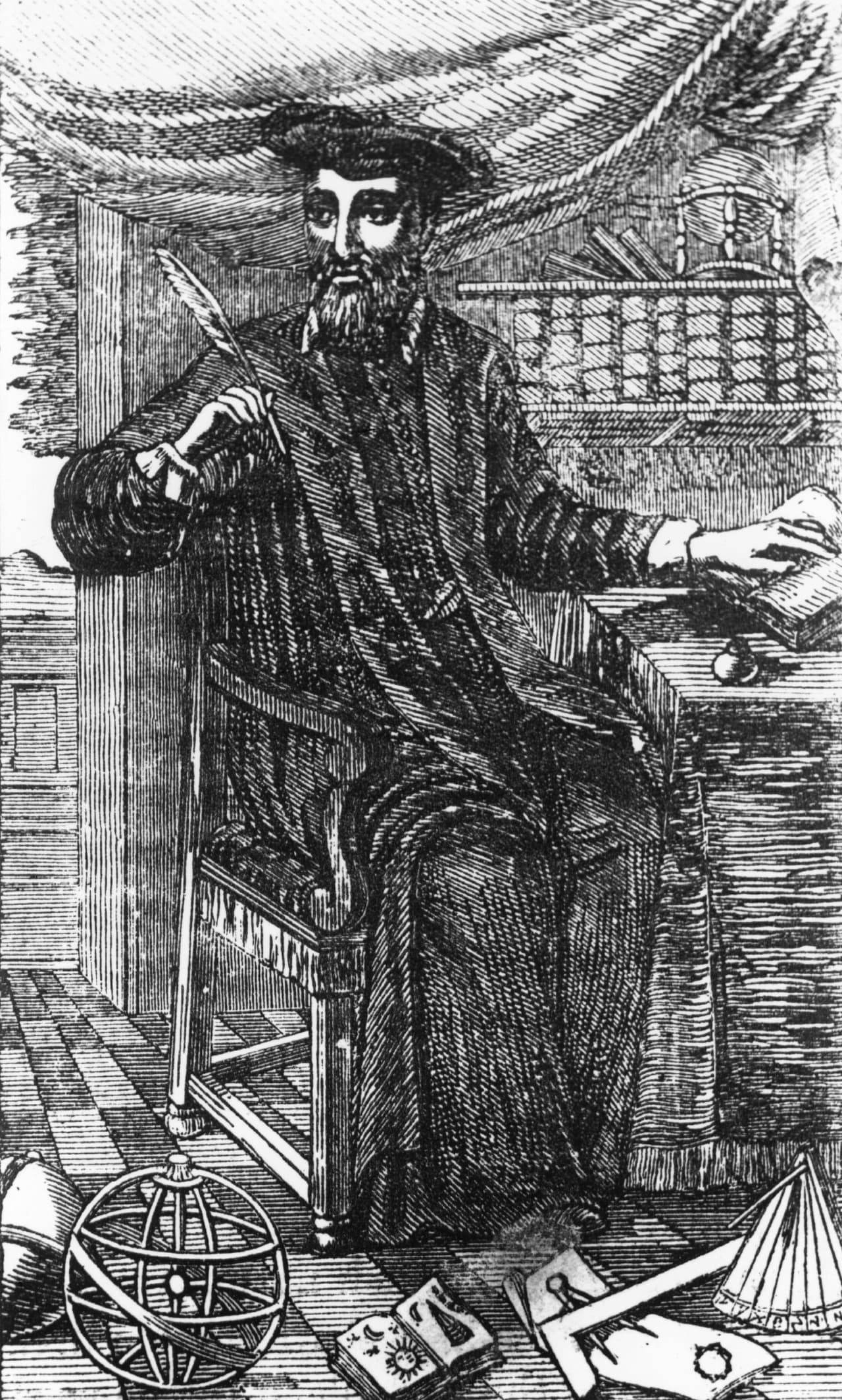French physician and astrologer Nostradamus (1503 - 1566), or Michel de Notredame, circa 1560. Original Artwork: From the frontspiece to a collection of his prophecies pub. in Amsterdam in 1666. (Photo by Hulton Archive/Getty Images)