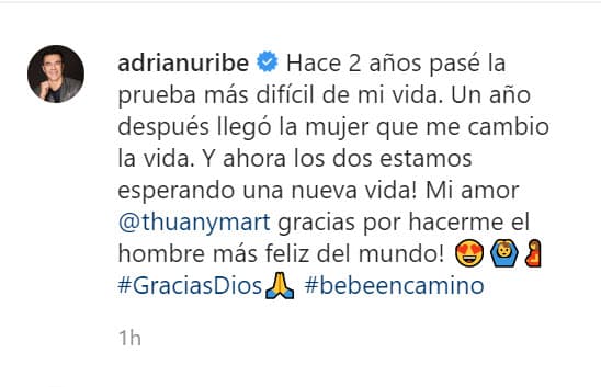 "Un año después llegó la mujer que me cambió la vida. ¡Y ahora los dos estamos esperando una nueva vida! Mi amor Thuany Martins, ¡gracias por hacerme el hombre más feliz del mundo", escribió junto a
<b><a href="https://www.instagram.com/p/CA27D-UgR8k/?igshid=1tih7mrznw18z" target="_blank"> la foto</a></b> en la que él aparece dando un beso al vientre de la modelo brasileña. 
<br>