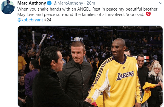 También hubo deseos de paz para sus allegados, como este mensaje del cantante Marc Anthony, quien le deseó precísamene eso a la familia de Kobe y a la de todos los 
<a href="https://www.univision.com/deportes/nba/fallece-kobe-bryant-en-accidente-de-helicoptero">involucrados en el accidente. </a>