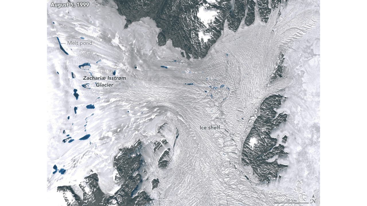 Así se veía el glaciar Zachariae Isstrom en 1999.