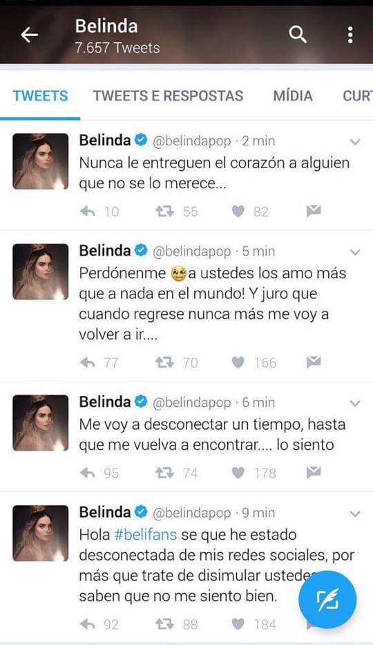 La intérprete de 'Egoísta' posteó una serie de mensajes en los que pidió perdón a sus 'belifans' por tenerlos tan abandonados y anunció su retiro de las redes sociales, en julio de 2017.