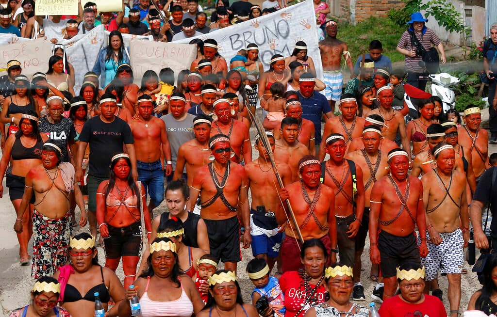 Indigenous people march to protest against the disappearance of Indigenous expert Bruno Pereira and freelance British journalist Dom Phillips, in Atalaia do Norte, Vale do Javari, Amazonas state, Brazil, Monday, June 13, 2022.