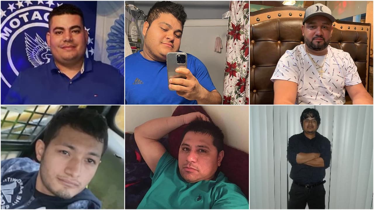 De izquierda a derecha: 
<b>Maynor Yassir Suazo Sandoval</b>, de 38 años de Honduras; 
<b>Dorlian Castillo Cabrera</b> de Guatemala; 
<b>José Mynor López</b> padre de dos menores y todavía desaparecido; 
<b>Carlos Hernández</b>, mexicano de 24 años; 
<b>Miguel Luna</b> padre de tres hijos de El Salvador; 
<b>Alejandro Hernández Fuentes</b>, de 35 años, natural de Veracruz, México.