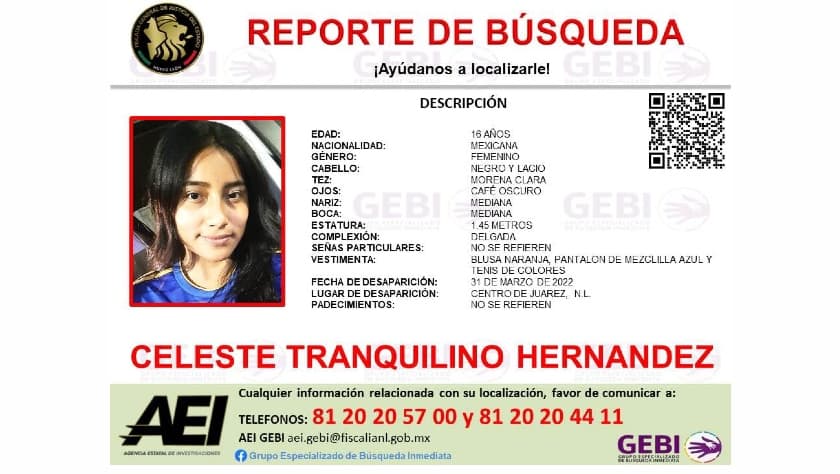<b>Celeste Tranquilino Hernández</b> de 16 años de edad. El Comité para las Desapariciones Forzadas de la ONU (CED) aseguró en su último informe sobre desapariciones en México que el país cuenta con las herramientas para abordar las desapariciones; sin embargo, "preocupan las graves deficiencias encontradas en su implementación”.