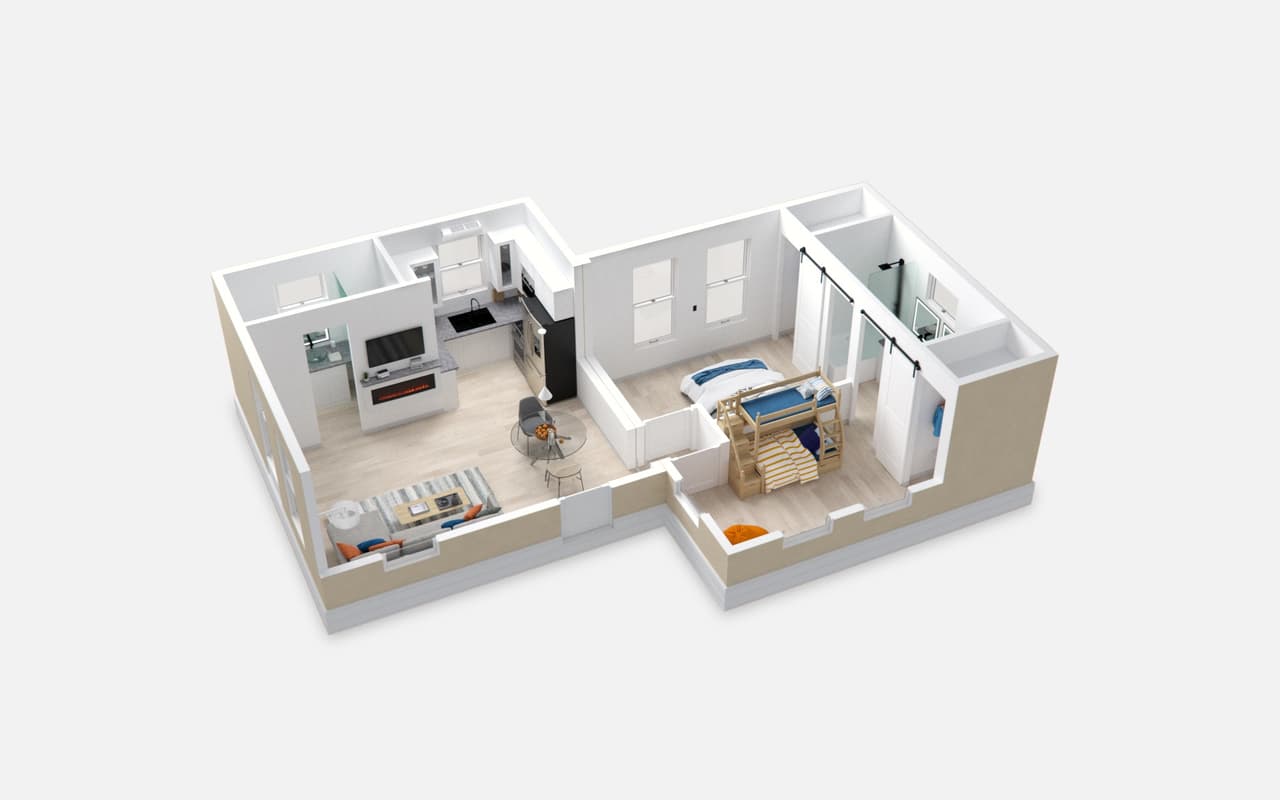 Las unidades de 19.5 x 19.5 pies cuadrados que la empresa Boxable comercializa están 
<b>diseñadas como un apartamento tipo estudio</b>, como se aprecia en este modelo que la compañía proporcionó a Univision Noticias.
