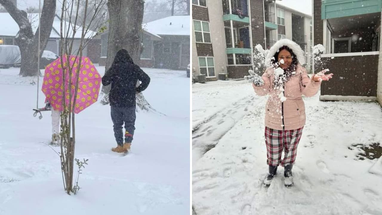 Al sur de Texas, Chen camina bajo la nieve con su curioso paraguas, mientras Guadalupe Cárdenas nos escribe: “Maravilloso es Dios que nos regala disfrutar de la nieve aquí en Houston”. 
<i>¡Un espectáculo invernal que ha tocado corazones!</i>