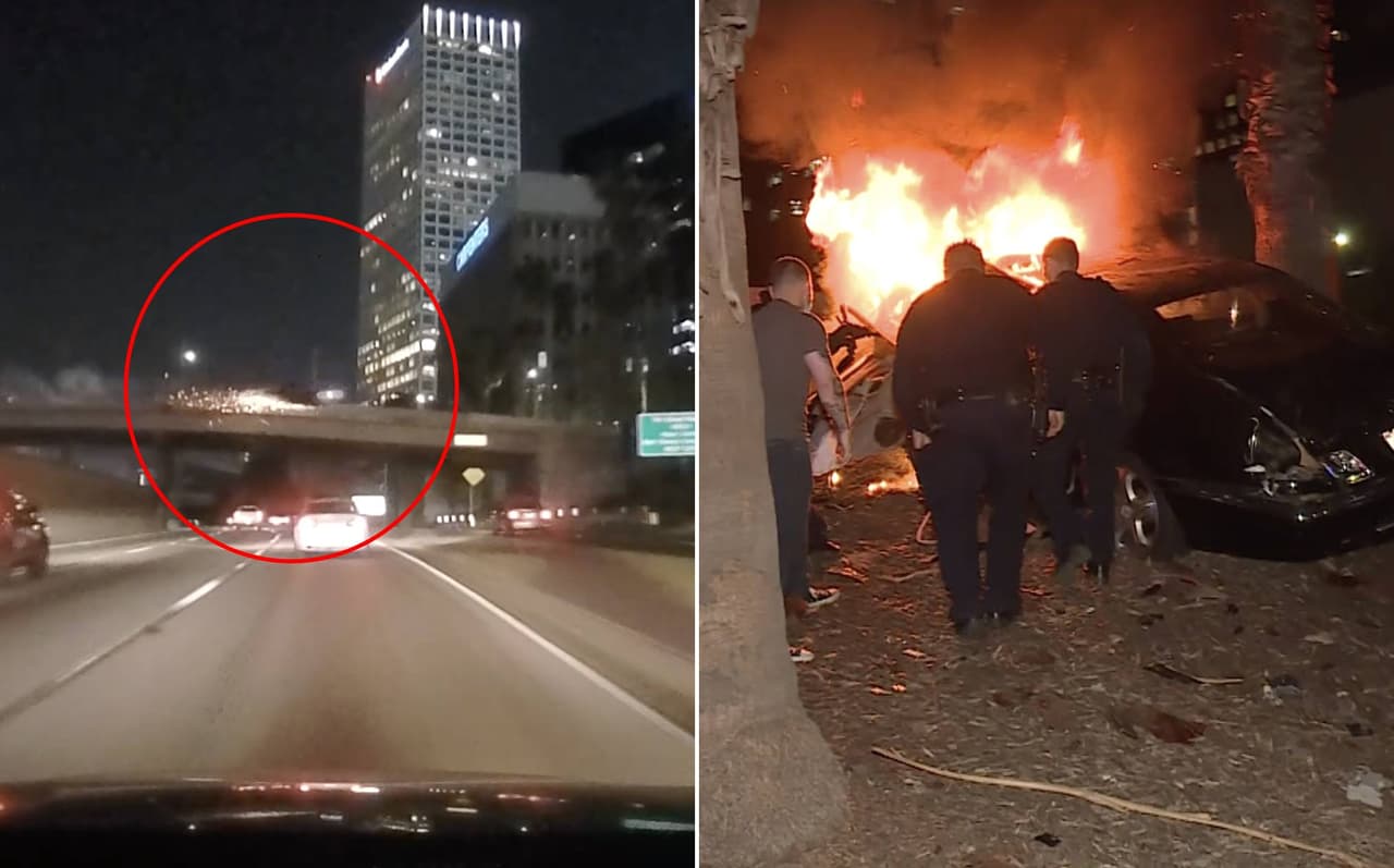 Video capta el accidente de un carro que 'vuela' desde un puente en Los Ángeles