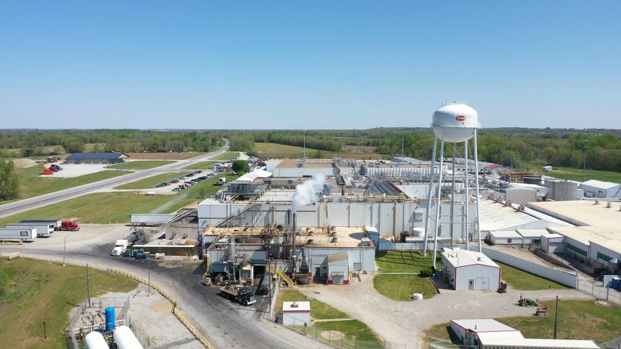 An aerial view of Tyson Foods meat packing plant in Columbus Junction, Iowa.