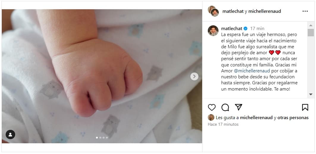 Matías Novoa y Michelle Renaud anunciaron así el nacimiento de su hijo Milo.