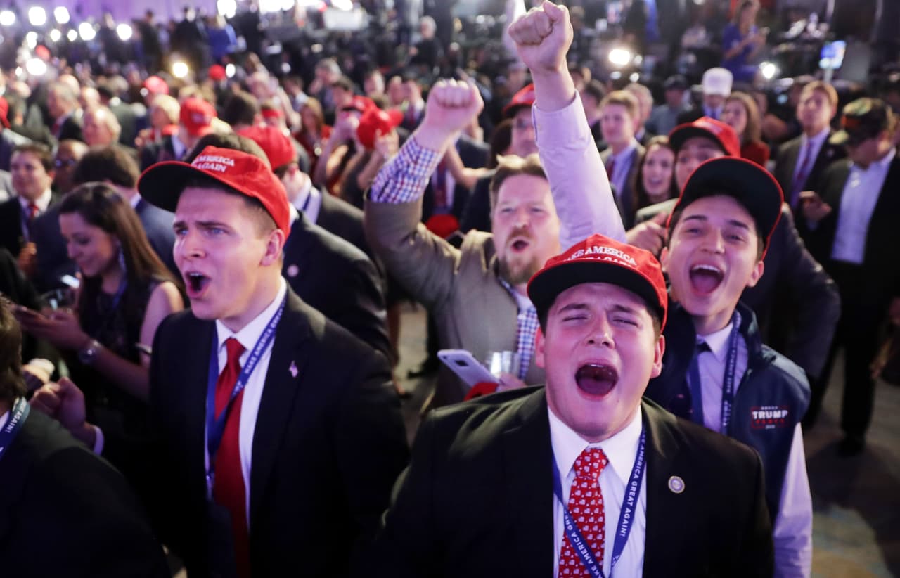 Los Seguidores de Donald Trump en Nueva York celebran las preeliminares.