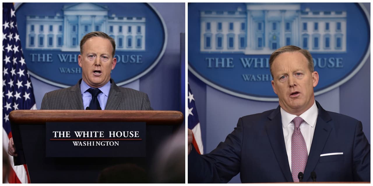 <b>2. Llevó el taje equivocado</b>
<br>En su primera aparición en público como jefe de prensa del gobierno de Donald Trump, expertos en moda -y también sus más desprevenidos testigos- pudieron darse cuenta cómo su saco gris de raya tiza era unas cuantas tallas más grande, parecía flotar sobre sus hombros y dejaba un vacío imperdonable entre el cuello del saco y el de la camisa. Esa misma tarde se le vió con otro traje, un poco más apropiado.
<br> 
<br>