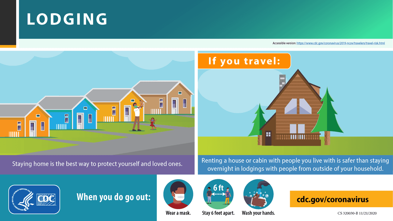En cuanto al 
<b>alojamiento</b>, la opción que ofrece menores riesgos es alojarse en una casa o cabaña (por ejemplo, un alquiler de vacaciones) con personas de tu hogar o totalmente vacunadas, o visitar visitar la casa de un familiar o amigo totalmente vacunado.