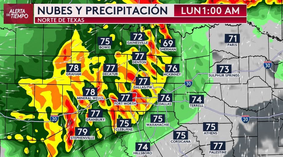 <h3 class="cms-H3-H3">Así se verá el radar a la 1 AM: lluvias intensas en camino 🌧️ </h3>
<br>Este es el panorama para la madrugada del lunes. A eso de la 1 AM, 
<b>una línea de tormentas cruzará ciudades como Fort Worth, Denton, Dallas y McKinney.</b> Como muestra el radar, 
<b>se esperan lluvias fuertes, viento y granizo.</b> Si vives en el norte de Texas, es probable que despiertes por los truenos o el viento. Nelly recomienda mantener el celular con carga y las alertas activadas, por si se emiten avisos durante la noche. 
<br>
<a href="https://www.whatsapp.com/channel/0029VafZxTzGpLHXXhtL0Y3A" target="_blank">¿Ya te uniste a nuestro canal de WhatsApp? Haz clic aquí y recibe en tu celular lo más importante, sin perderte ninguna noticia del norte de Texas.</a>