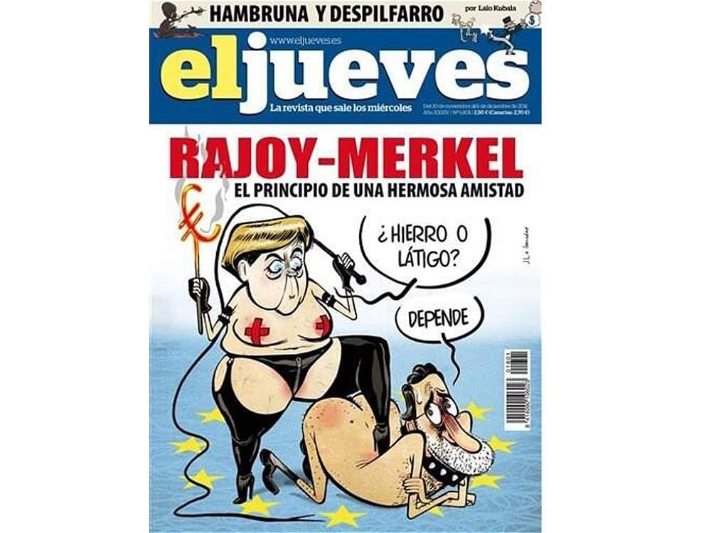 En junio de 2012, Facebook eliminó la publicación del reconocido medio español de sátira, 
<a href="http://www.eljueves.es">El Jueves</a>, porque manejaba un lenguaje ofensivo e intimidatorio en una caricatura de Rajoy y Merkel. Facebook, además, sancionó a un administrador de la cuenta de El Jueves con 30 días sin poder subir nada a la red social por colgar la caricatura.
<br>