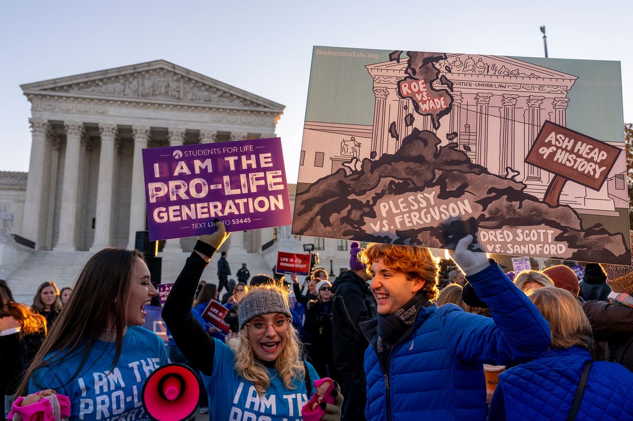 <b>“Soy de la generación provida”</b>, se lee en la pancarta de una opositora al aborto. 
<br>
<br>Este caso llega a una Corte Suprema con seis jueces conservadores y tres liberales. El tribunal se inclinó hacia el lado conservador con la muerte de Ruth Bader Ginsburg y la posibilidad que tuvo Donald Trump de nominar tres nuevos jueces. 
<br>