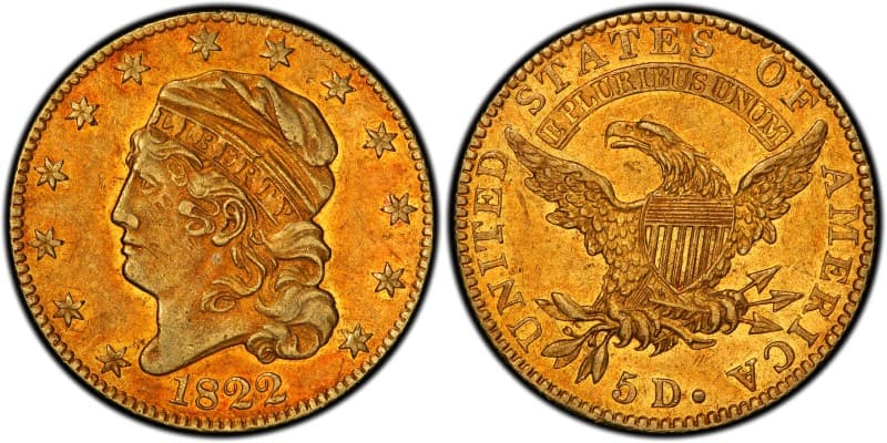 <h3 class="cms-H3-H3">4. Moneda de oro de $ 5 medio águila - 1822 </h3>
<br>
<h3 class="cms-H3-H3">($8.4 millones)</h3>
<br>
<br>
<br>Una de las tres monedas -única en manos de privados- de esta rara joya numismática se convirtió en la segunda hecha de oro más valiosa jamás vendida 
<b>al concretar la transacción el pasado 24 de marzo en $8.4 millones.</b>
<br>
<br>Dicha moneda había sido adquirida por Virgil Brand en 1899 antes de que Louis Eliasberg la comprara en 1945 y después D. Brent Pogue se convirtió en su propietaro en 1982. 
<br>
<br>
<br>